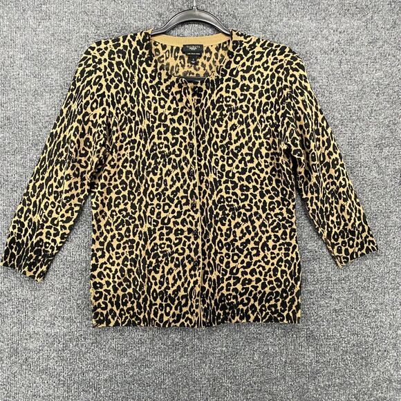 Talbots Cardigan Sweater Womens S Brown Leopard Merino Wool Button Up Mob Wife - Picture 1 of 9